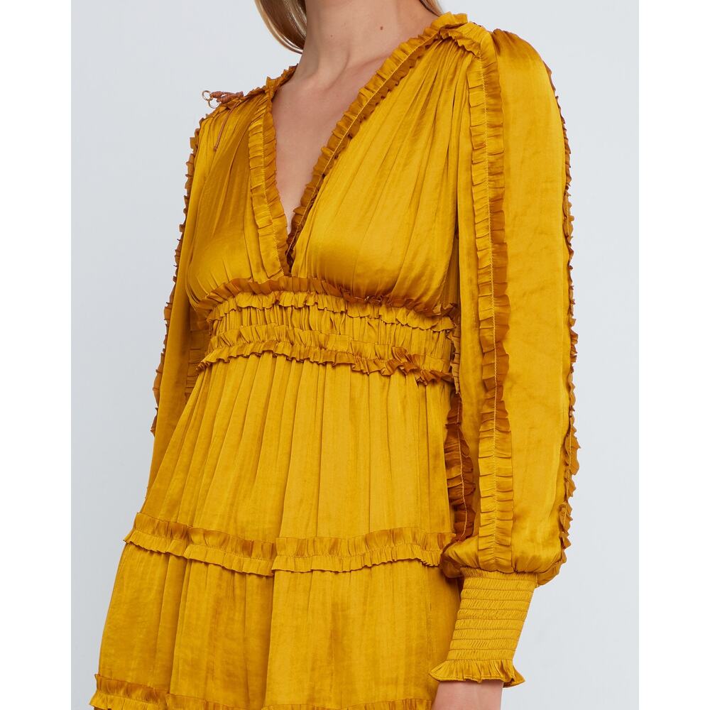 O.P.T. Feminine Modern Tianna Gold Pleated Ruffle Tiered Silky Mini Dress M - Picture 15 of 15
